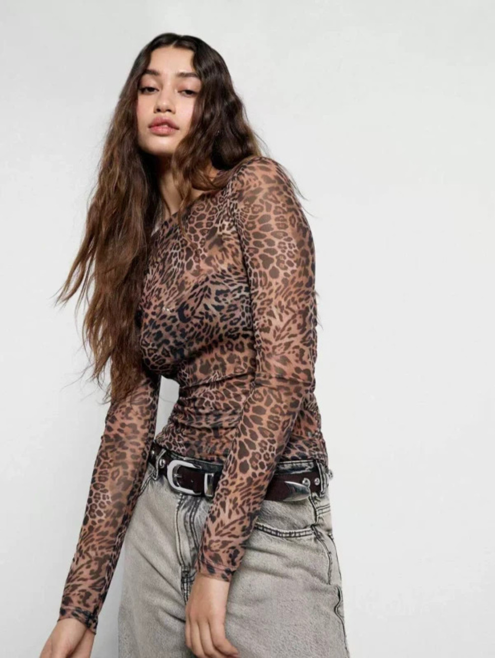ZARA Women Sheer Round Neck Leopard Print Slim Fit Top